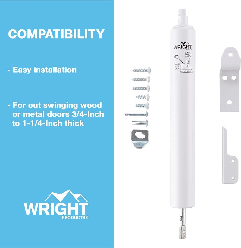 Wright Products Light Duty Screen Door Closer with Head Jamb Bracket â€“ Pneumatic Door Closer, Adjustable Closing Speed, and Hold-Open Washer (Transitional, White) - Image 2
